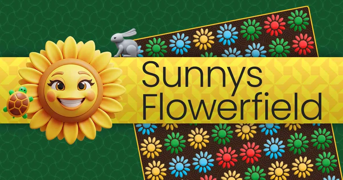 Sunnys Flowerfield title artwork: a smiling sunflower with a turtle and a rabbit in front of a board full of colourful flowers